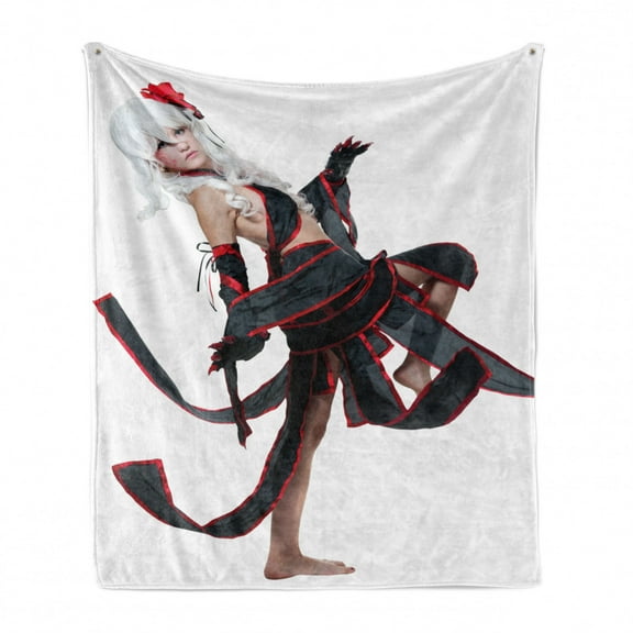 Anime Soft Flannel Fleece Blanket, Posing Warrior Girl in Manga Style Japanese Culture Themed Illustration Art, Cozy Plush for Indoor and Outdoor Use, 50" x 60", Red White and Black, by Ambesonne