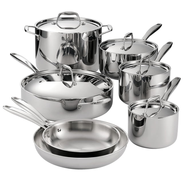 Juego de utensilios de cocina Tramontina de acero inoxidable revestido de tres capas, 12 piezas, con tapas, ollas y sartenes, apto para inducción, apto para lavavajillas, certificado NSF, fabricado en