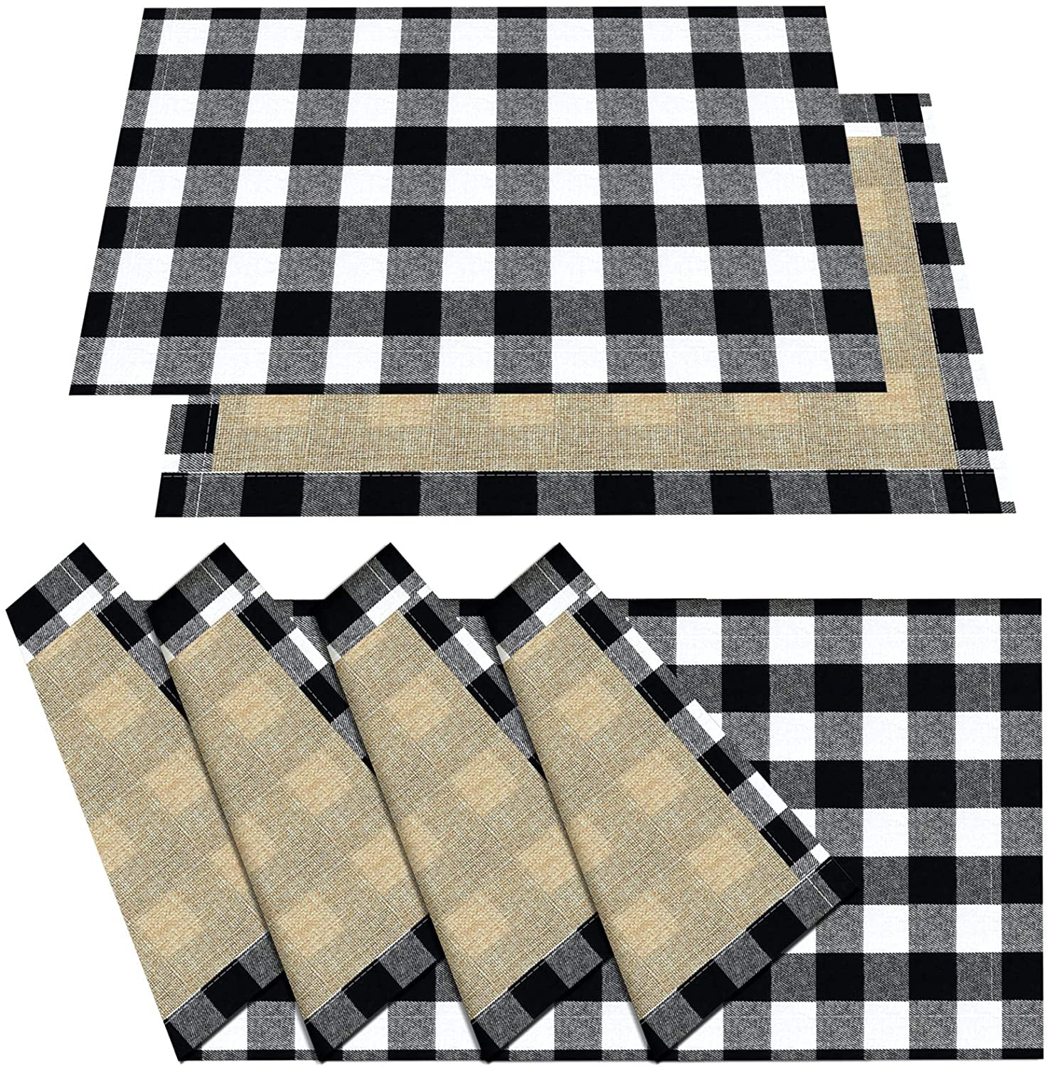 plaid Set of 4 reversible Round placemats black and white 3" buffalo check 