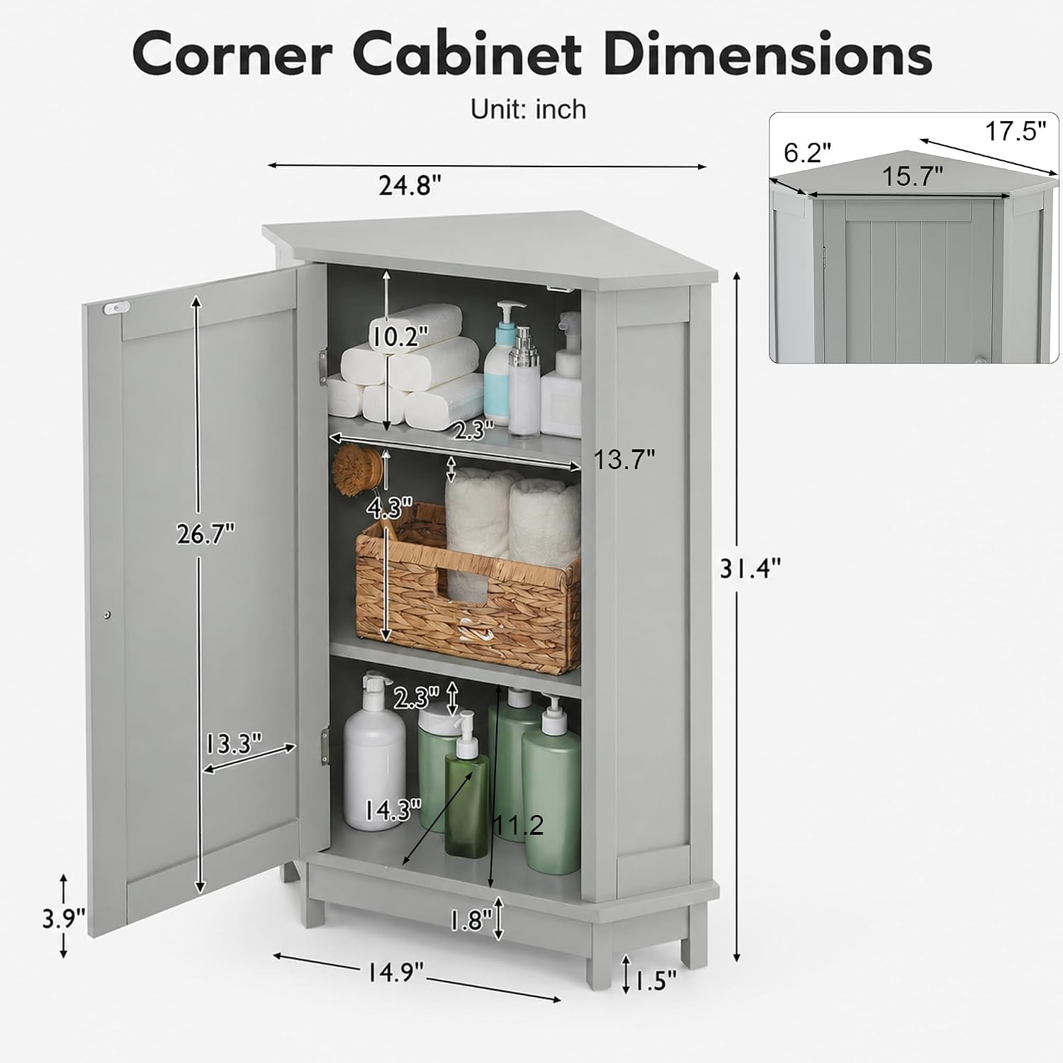 31" Corner Storage Cabinet, Wood Freestanding Triangle Floor Cabinet with Door & Shelves, Grey