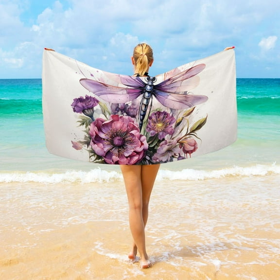 Dragonfly Flower Beach Towel Camping Towel Microfiber Oversized 37" x 74" Absorbent for Seaside Camping Swimming Fitness