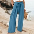 thumbnail image 2 of TQWQT Women's Linen Wide Leg Pants 2024 Summer Casual Elastic Waistband Drawstring Beach Palazzo Pants Straight Trousers with Pockets Blue M, 2 of 5