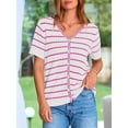 thumbnail image 3 of FreshPretty Women's Short Sleeve Sweater Spring Summer Crochet Knit Tops V Neck Striped Button Down Dressy Casual Blouses, 3 of 9