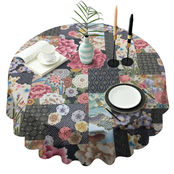 Pioneer Flower Floral Print Pattern Round Tablecloth 60"x60",Wrinkle Wipeable Table Cloth for Kitchen Dining Room Picnic Patio Party