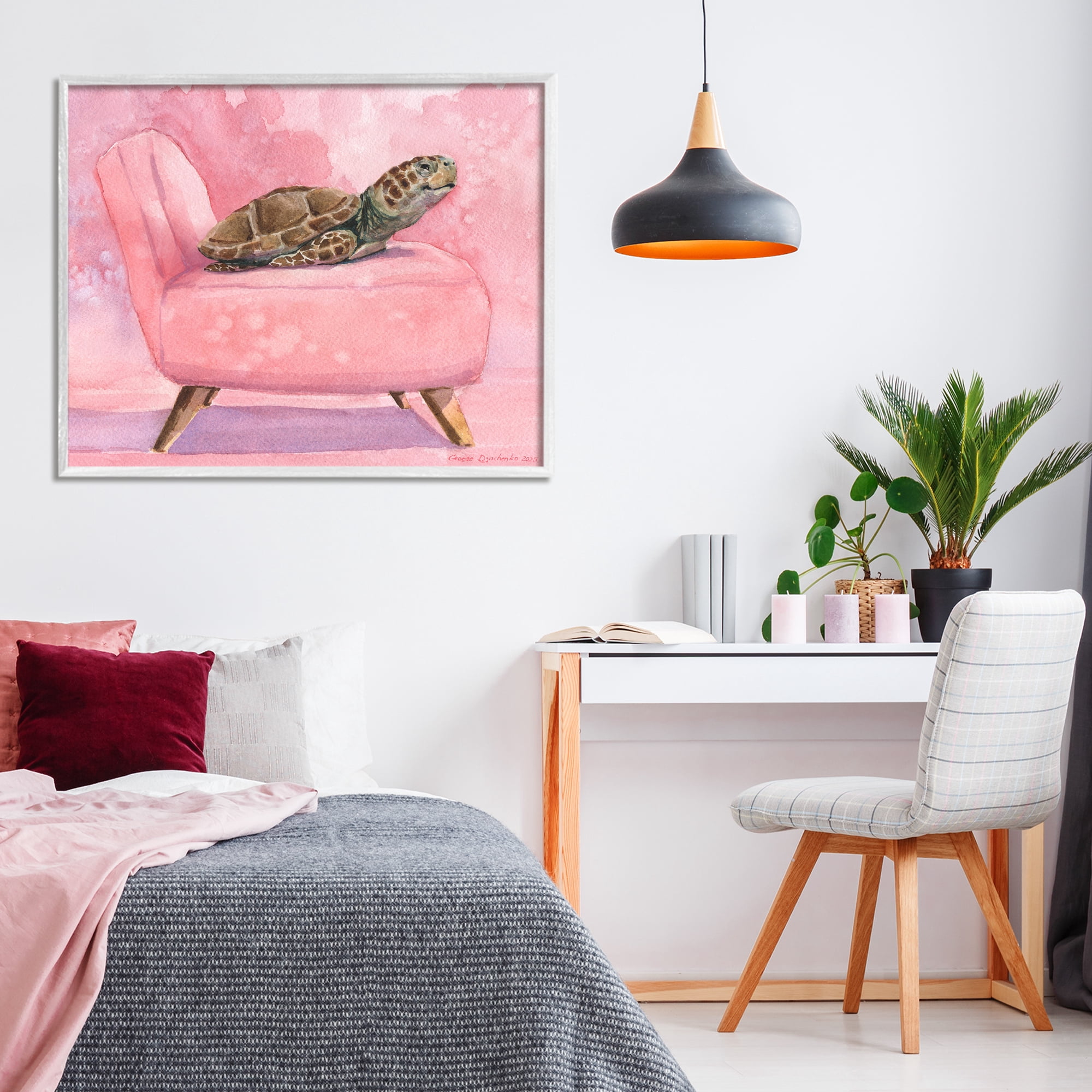 Stupell Industries Happy Turtle on Pink Chair White Framed Giclee Art, design by George Dyachenko