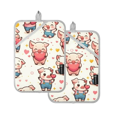Cute Pig with Heart Oven Mitts 2 Pcs Pot Holders Sets Heat Resistant for Kitchen Cooking Baking 7"x9.8"