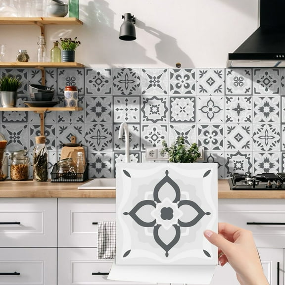 24 Piece Gray Floral DIY Decor Wall Stickers Decals Tile 8" x 8" Self Adhesive Vinyl Mural Waterproof Peel and Stick Tile Kitchen Backsplash