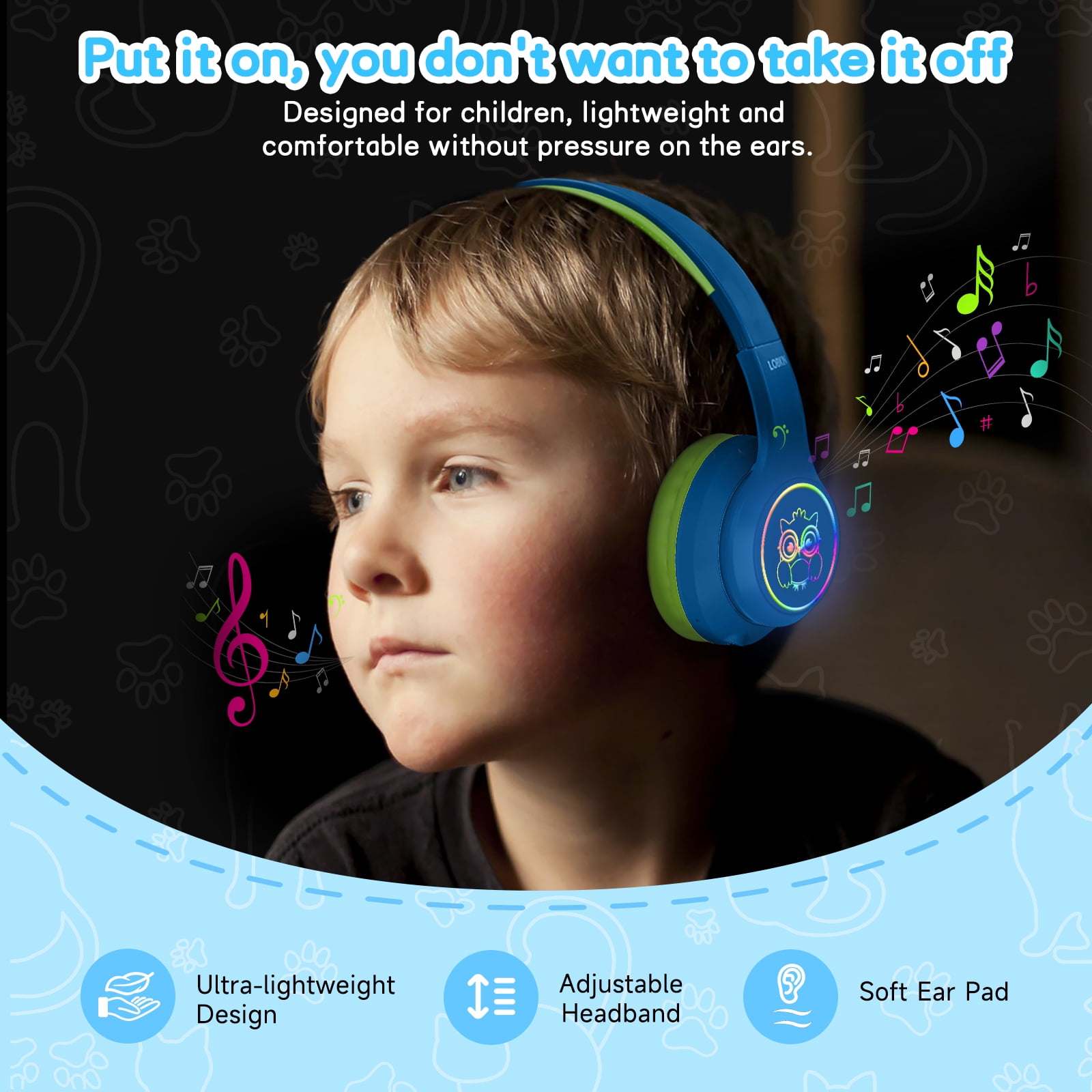 LOBKIN Headphones for Kids,Over Ear Wireless Headphones with Mic,ANC,50H Playtime,Kids Headphones for Travel/School/Tablet,Blue Green