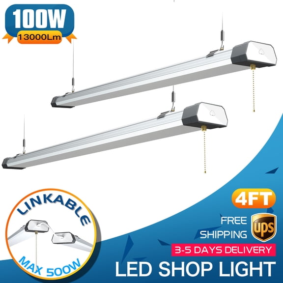 2Pack 4FT 100W LED Shop Light Linkable Garage Warehouse Workshop Ceiling Fixture