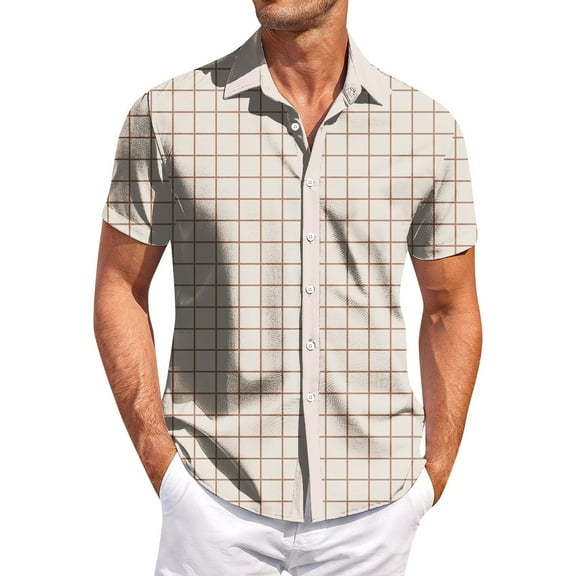 Yiaimeir Men's Casual Short-sleeved Shirt Slim Fashion Men's Plaid Print,Size M-3XL