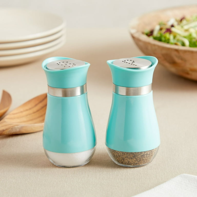 Stainless Steel Aqua Salt and Pepper Shakers, 4oz, Glass Bottom