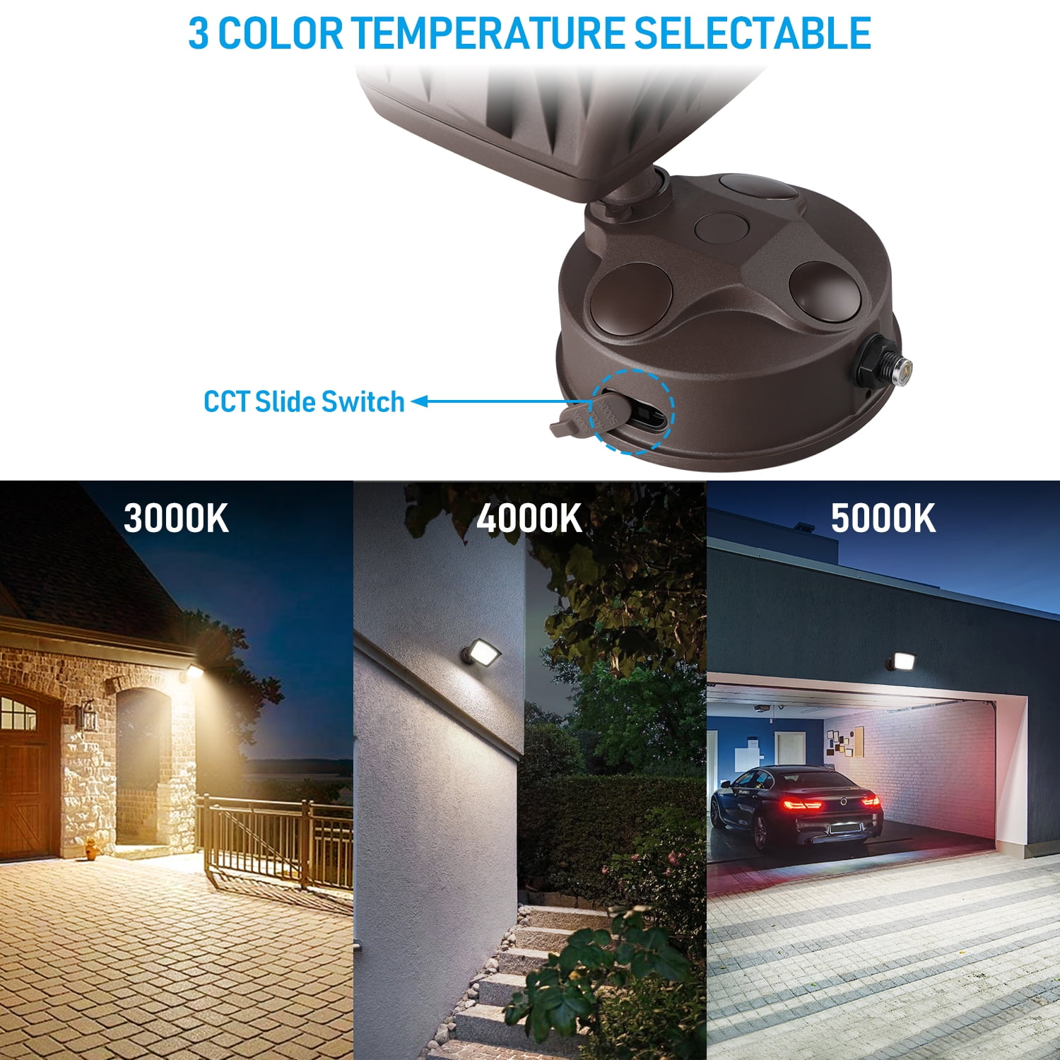 LEONLITE 2 Pack LED 3CCT Flood Light Dusk to Dawn, 40W Sensor Security Light, 3000K/4000K/5000K Selectable, Adjustable Head, Bronze