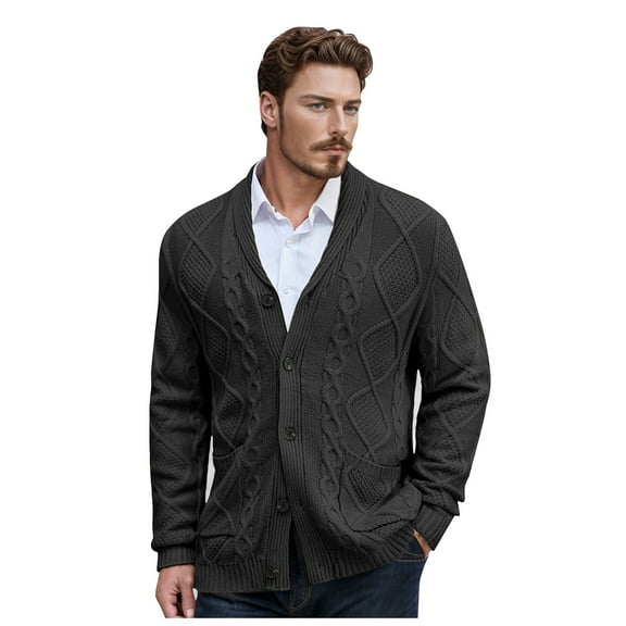 Dpytoraw Male Sweater Cardigan Lapel Long Sleeved Flower Knitted Jacket