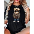 thumbnail image 1 of Camiseta informal de manga corta y cuello redondo para mujer, de punto de algodón a la moda, elástica, con estampado de animales y gafas creativas de oso para todas las estaciones., 1 of 6