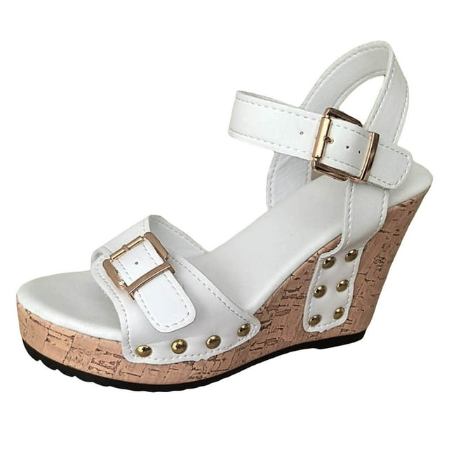IUJSOY Womens Wedge Platform Sandals Open Toe Buckle Strap Cork Sole Summer Shoes High Heels