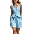 thumbnail image 2 of Mifsaly 2 Piece Linen Set for Women Sleeveless V Neck Button Down Peplum Top and Loose Shorts Lightweight Flowy Casual Vacation Summer Outfits Light Blue,S, 2 of 7