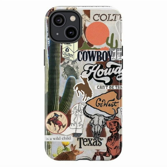 Western Cowboy Collage Phone Case, Vintage Rodeo Desert Texas Artistic iPhone Cover, Retro Protective Case for iPhone 17 16 15 14 13 12 11 Plus Pro Max Mini