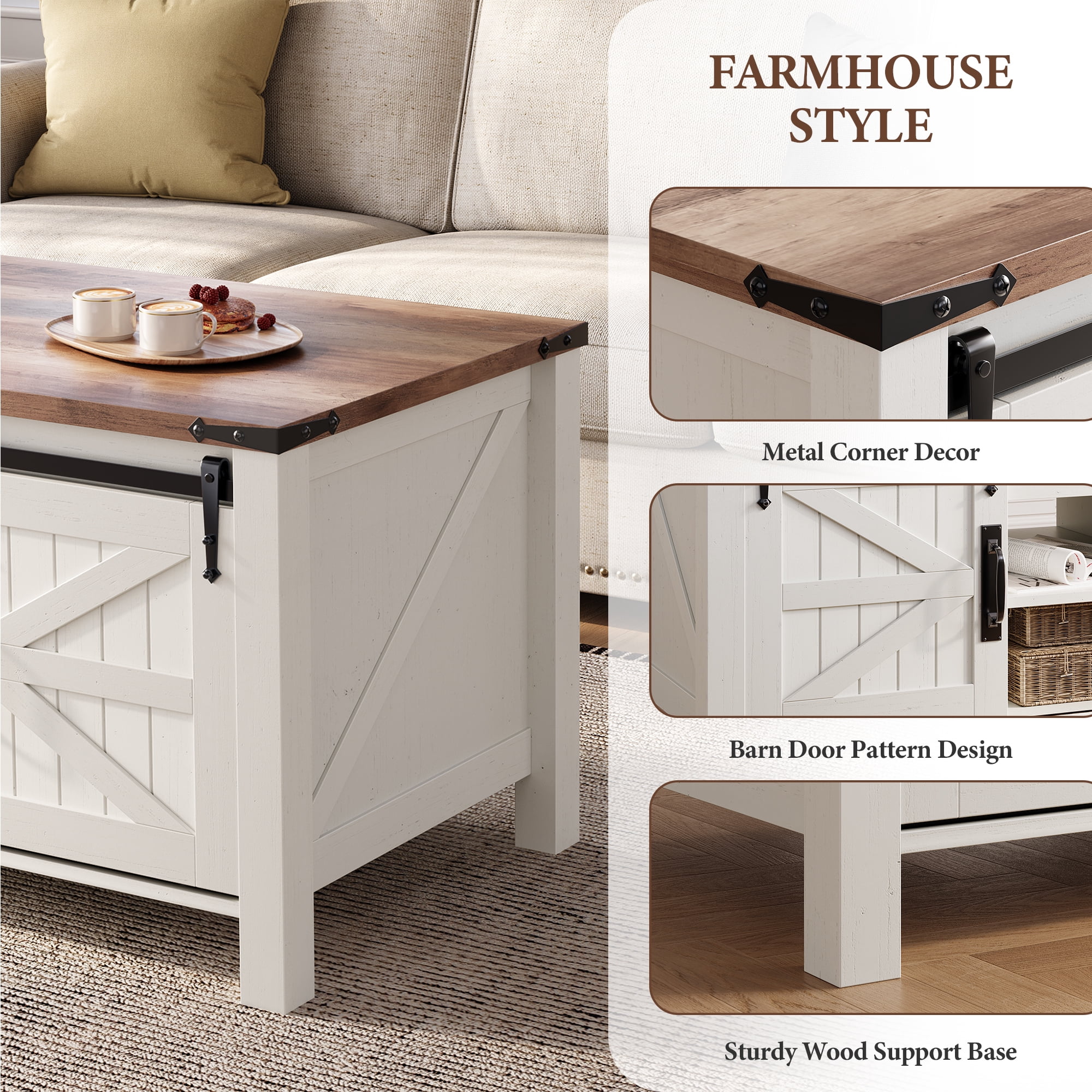 OKD 48" Farmhouse Lift Top Coffee Table with Sliding Barn Door, Rustic Center Table with Hidden Storage Compartment for Living Room, Office, Antique White