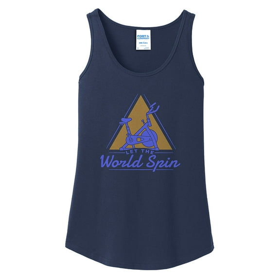 Plus Size Let The World Spin Graphic Design Ladies Big Size Core Cotton Tank Top T-Shirt - Navy XL