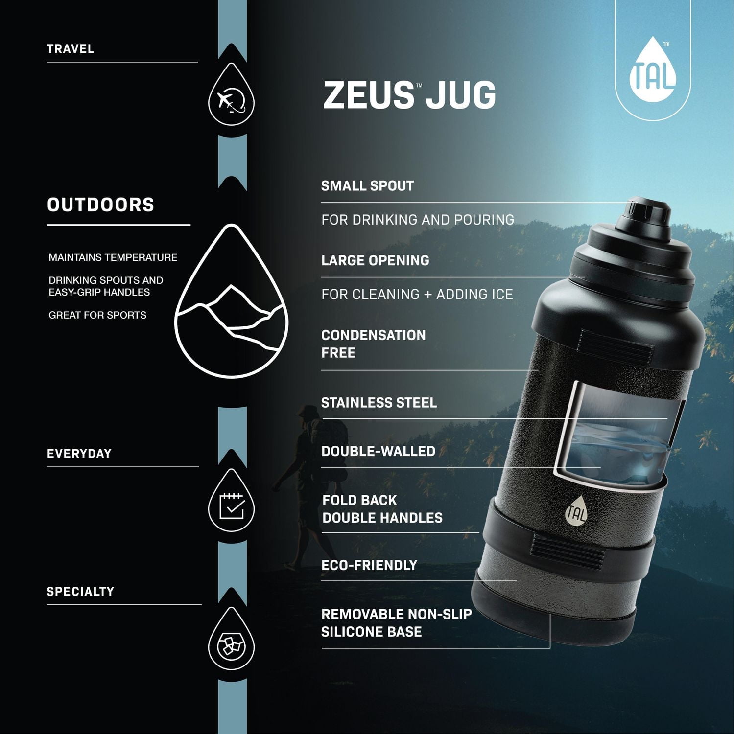 TAL Bouteille d'eau Zeus en acier inoxydable 3 L, noir Navire de grande capacité