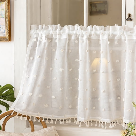 DONGPAI Boho White Pompom Kitchen Curtains with Tassels, Voile Short Sheer Curtains Cafe Curtains Dual Rod Pocket Tier Curtains for Bathroom Kitchen, 55 x 18 inch, 1 Panel