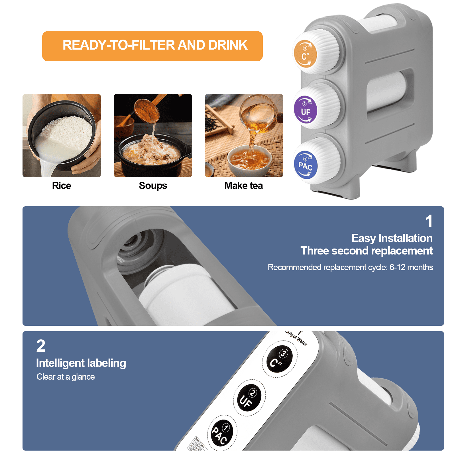 Under Counter Water Filter, 3-Level Filter Water Purifier, Reduces Chlorine Gas and Particulate Matter, Directly Connected to Kitchen or Bathroom Faucet