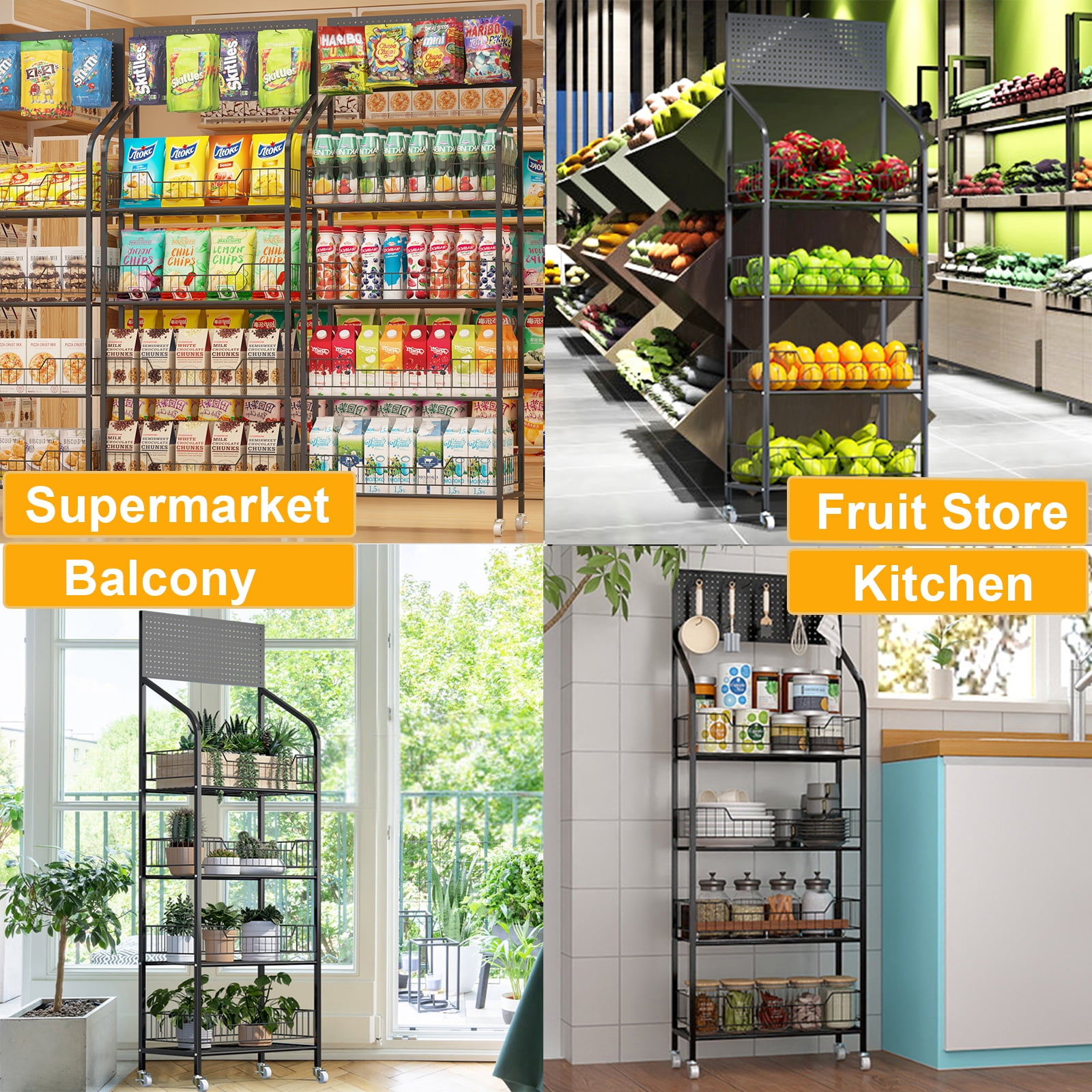 Petoto 4-Tier Retail Display Rack, 19.6 x 10.6 x 56.2 inches Snack Candy Rack, Metal Fruit Stand Storage Shelf with Wheels and 10 Hooks