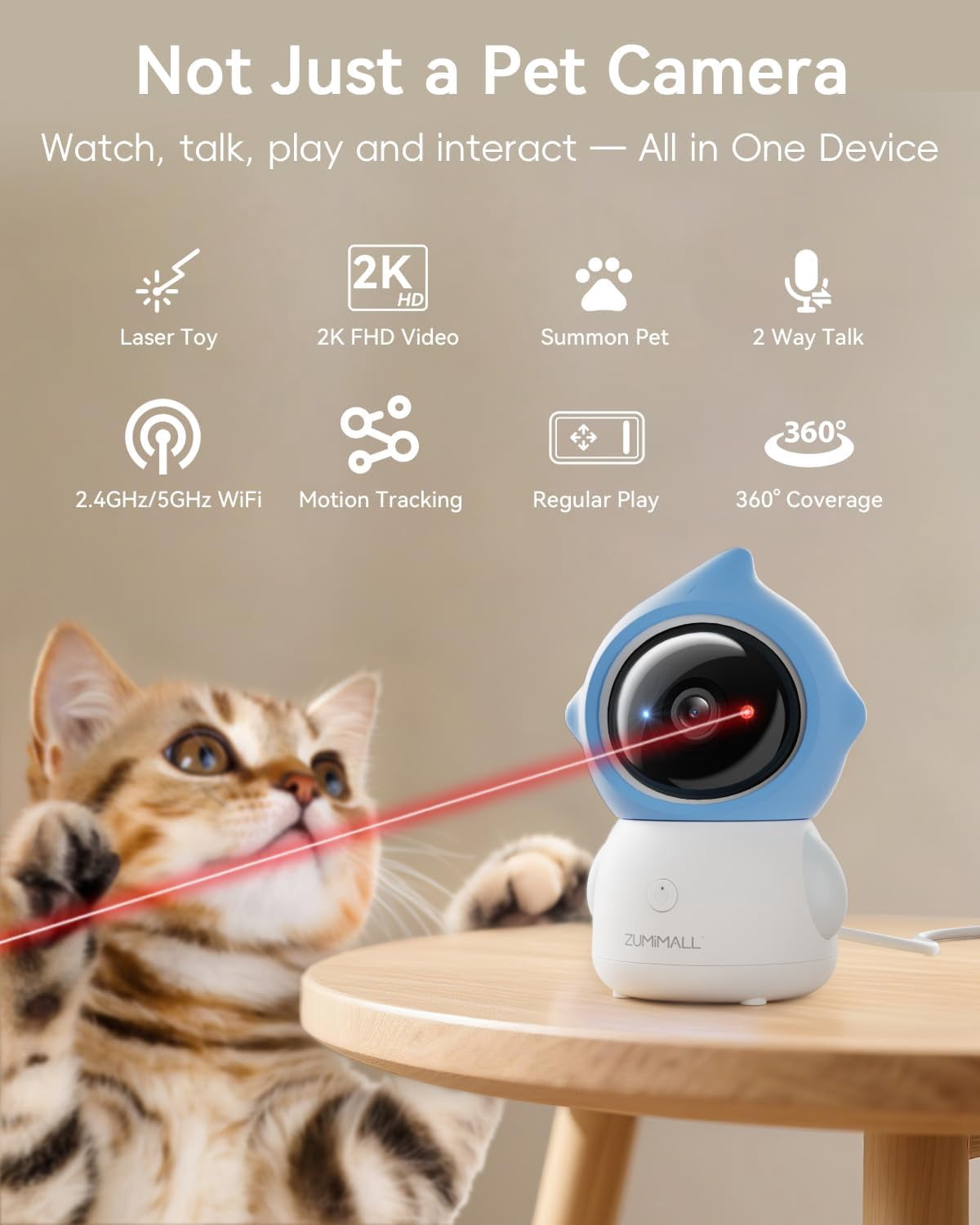 ZUMIMALL 2K Pet Camera with App-Controlled Laser Toy, 360° PTZ Indoor Camera for Cats & Dogs, 5G WiFi, Motion Tracking, Night Vision & 2-Way Audio