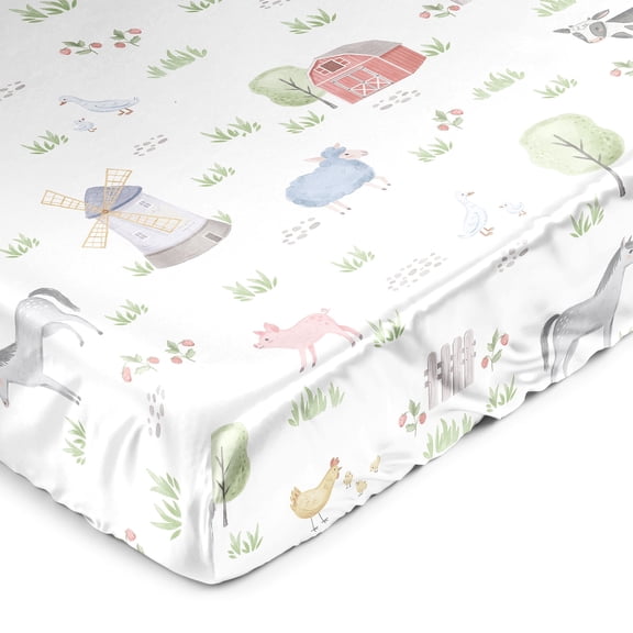 Sweet Jojo Designs Farm Animals Grey Red and White Satin Fitted Crib Sheet