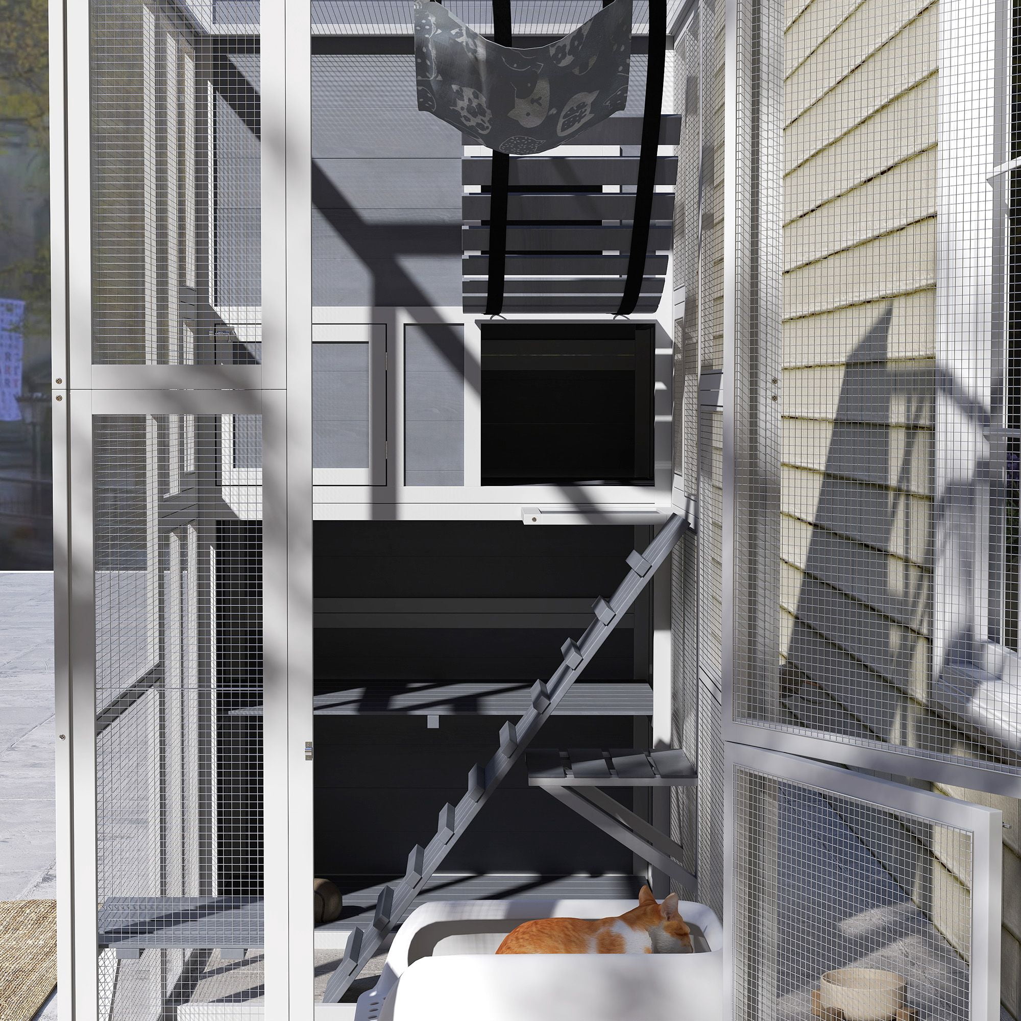 PawHut Large Outdoor Catio Enclosure, 76"W x 67.9"H Gray Fir Wood Cat Patio with 4-Tier House, Ramps, Hammock & Platforms for Backyard, Garden, and Secure Pet Play Space