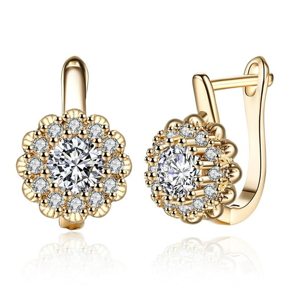 Flower Small Halo CZ Diamond Hoop Earrings for Women Gold Plated