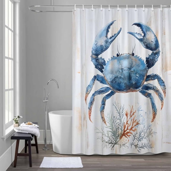 Retro Blue Crab Shower Curtain for Bathroom Decor, Ocean Coral Waterproof Fabric Shower Curtain, 66"x72" Set with 12 Hooks