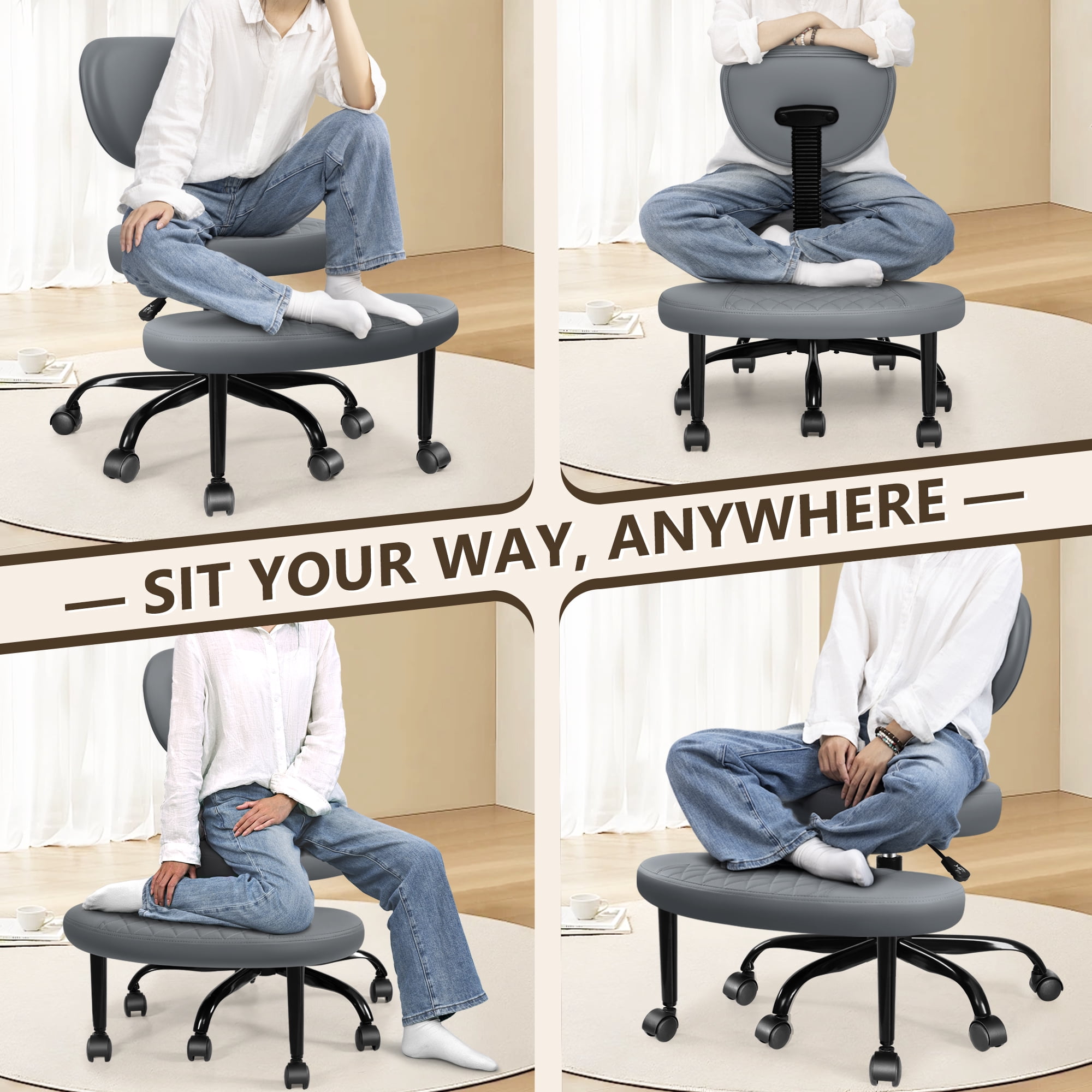 COOLHUT Cross Leg Office Chair, Adult ADHD Office Chair, Height Adjustable Yoga Office Chair, Meditation Chair with Lumbar Support, Home Office Kneeling Chair, Dark Gray