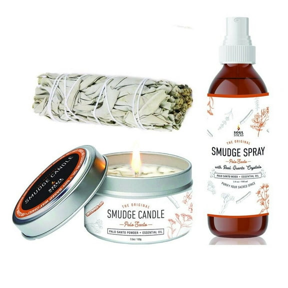 White Sage and Palo Santo Set Smudge Spray, Candle & White Sage Smudge Stick Bundle | for Cleansing, Meditation, Chakra Healing, Aromatherapy | with Crystals and Herbs