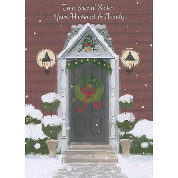 Designer Greetings Wreath on Dark Front Door, Thin White Columns and Snow Covered Bushes Christmas Card for Sister, Husband and Family