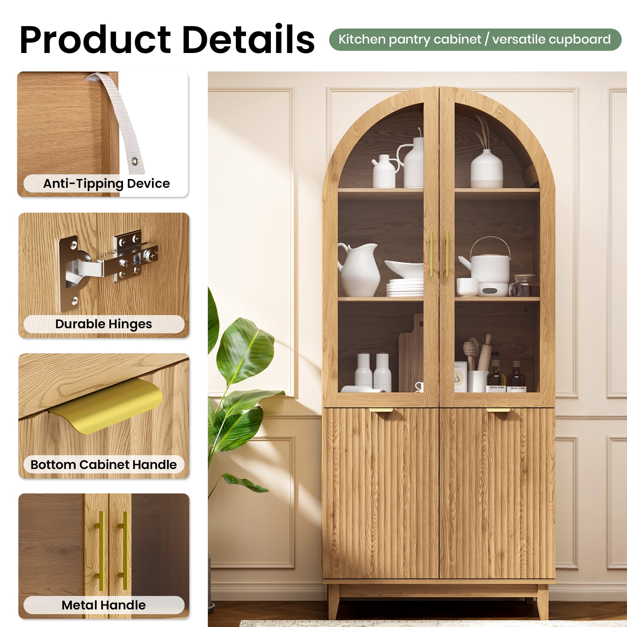 PamapicLife 71" Tall Arched Bookshelf, Farmhouse Display Cabinet with Adjustable Shelves & Glass Door