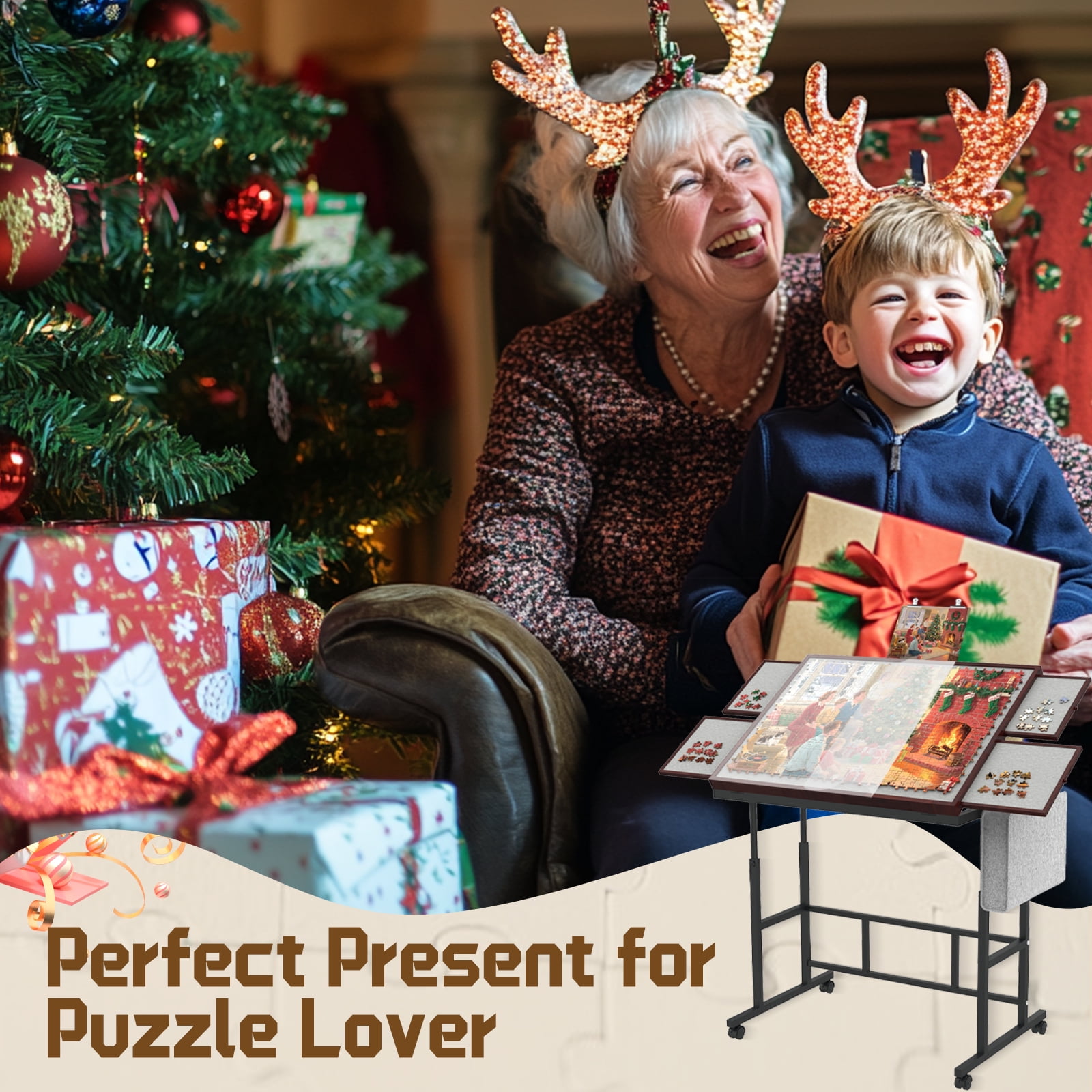Jigsaw Puzzle Table for Adults with Drawers&Storage Pocket, Jigsaw Puzzle Board with Legs and Wheels, 5 Adjustable Height&Tilting, Coffee Color