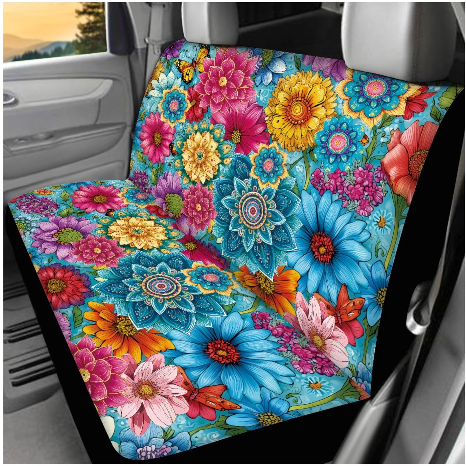 Binienty Boho Dahlia Auto Seat Covers Full Set Front Rear Car Seat Protective Cover With Steering Wheel Cover Arm Rest Cushion Covers Universal Car Interior Accessories for Women Girly
