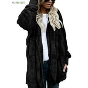 BadPiggies Plus Size Women Hooded Cardigans Fuzzy Fleece Winter Open Front Long Sleeve Solid Jacket Coats Outwear with Pockets (5XL, Black)