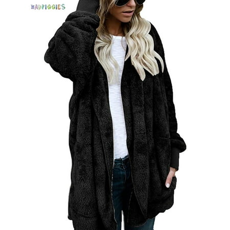 BadPiggies Plus Size Women Hooded Cardigans Fuzzy Fleece Winter Open Front Long Sleeve Solid Jacket Coats Outwear with Pockets (5XL, Black)