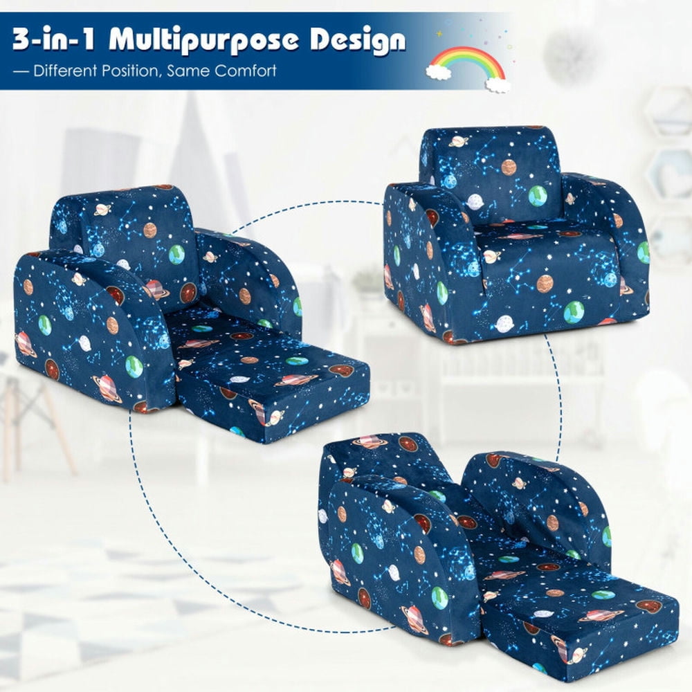 Spaco 3-in-1 Convertible Kid Sofa Bed Flip-Out Chair Lounger for Toddler-Blue, Kids Couch for Kids