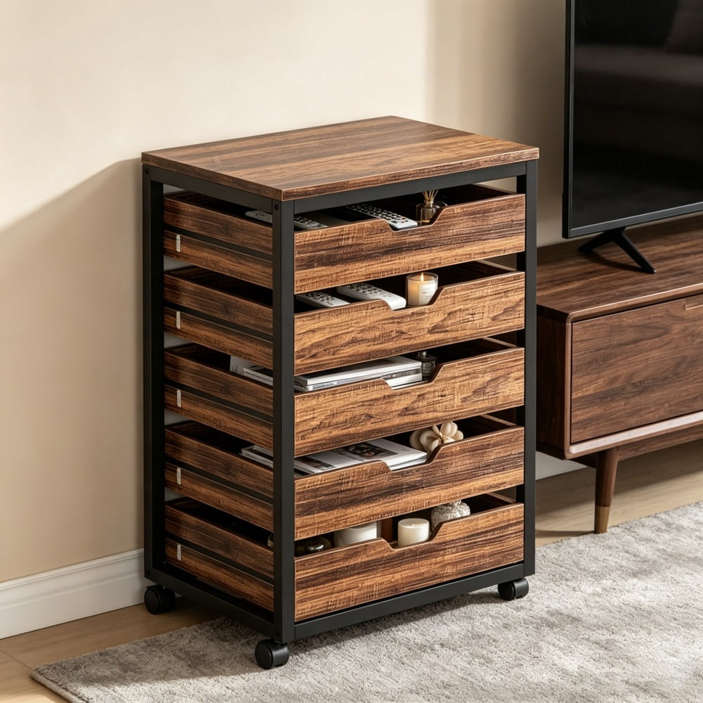 5-Drawer Mobile Storage Cabinet with Wood Veneer & Black Metal Frame, Rolling Printer Stand File Cabinet with Lockable Casters, Top Holds 45LBS for Home Office Bedroom