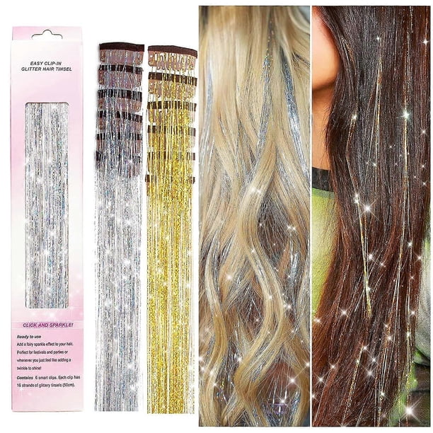 Clip in Hair Tinsel, 12Pcs Glitter Fairy Tinsel Hair Extensions 20 Inch Shiny Hair Tinsel Heat Resistant, Sparkly Strands Hair Accessories, Festival G
