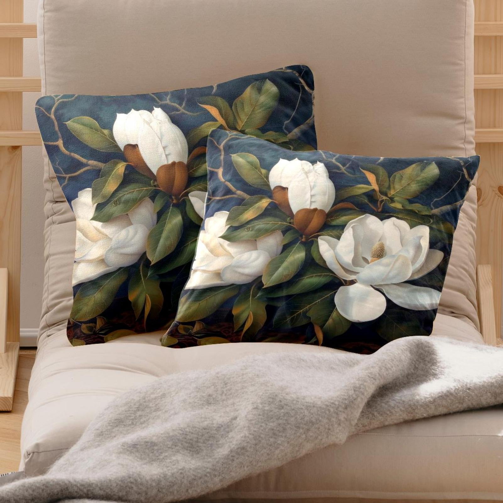 2 Pack Throw Pillow Covers Giant Magnolias Flower Decorative Pillow Cases Home Decor Square 18x18 Inches Pillowcases