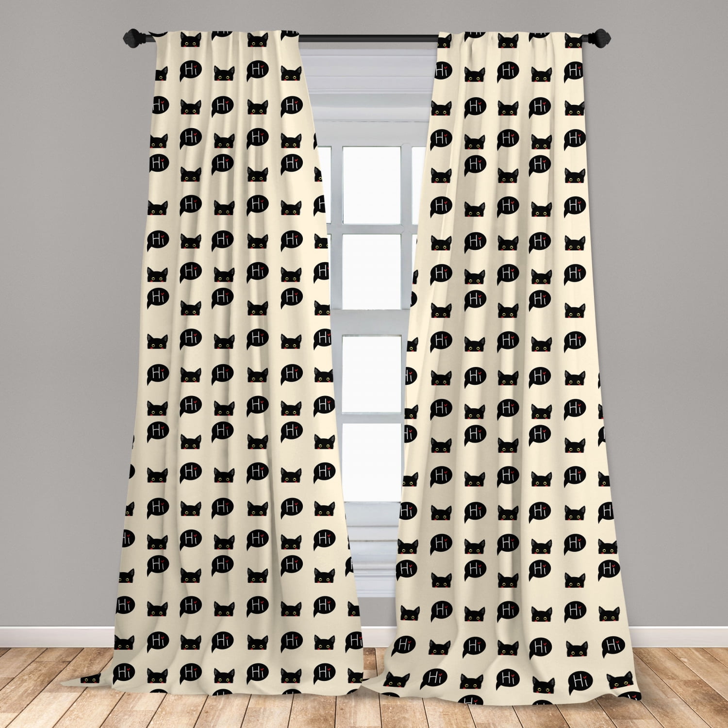 Cat Curtains 2 Panels Set, Young Black Kitties Sneaking on and Saying Hi and Playful Domestic