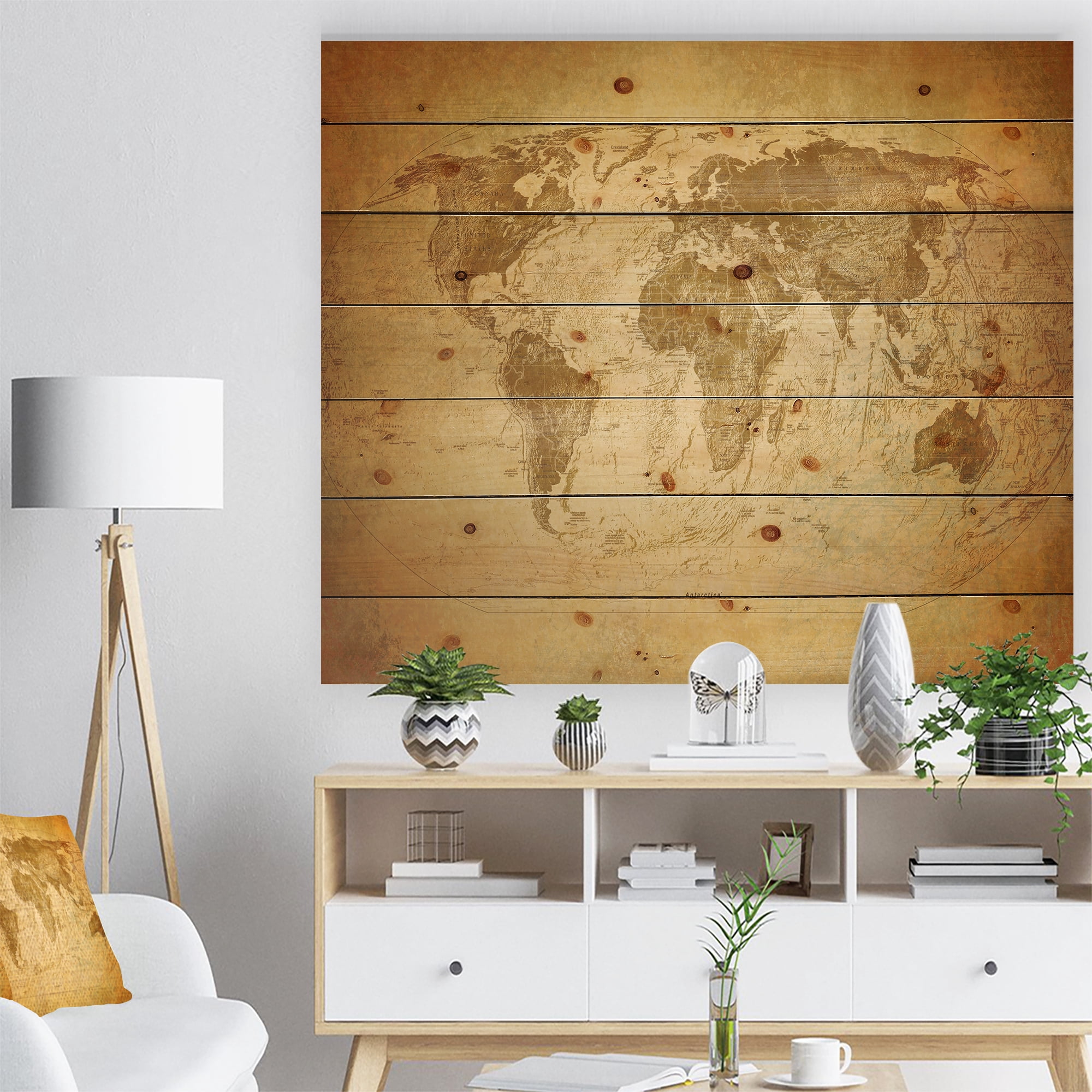 Designart 'Traditional Classic Map' Contemporary Print on Natural Pine Wood