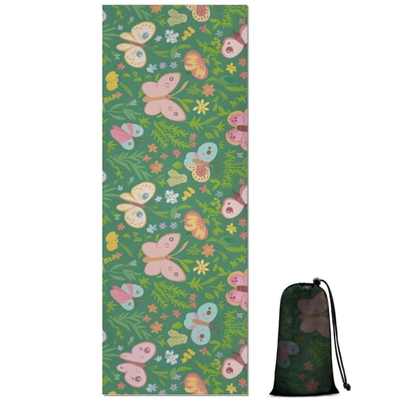 Cartoon Butterfly Flower Leaf Green Pattern Hot Yoga Mat Towel Non Slip for Hot Yoga - Quick-Drying Yoga Mat Cover with 4 Corner Pockets with Travel Bag - Hot Yoga Towel Non Slip 70"x26"