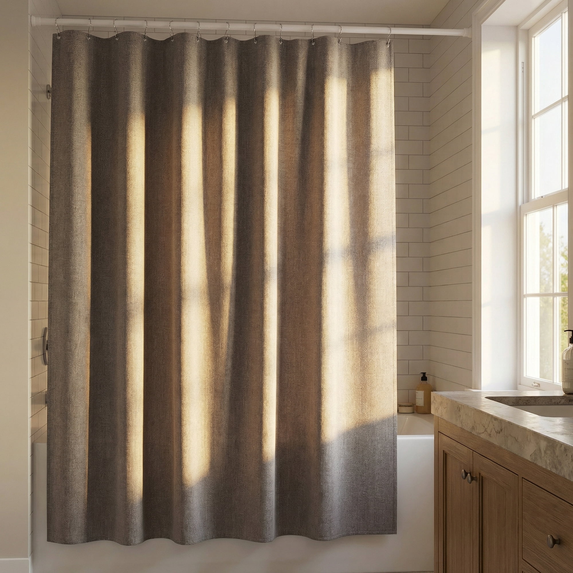 Unique Bargains Faux Linen Solid Bath Curtain Sets with Hooks Grey 71"W x 71"L