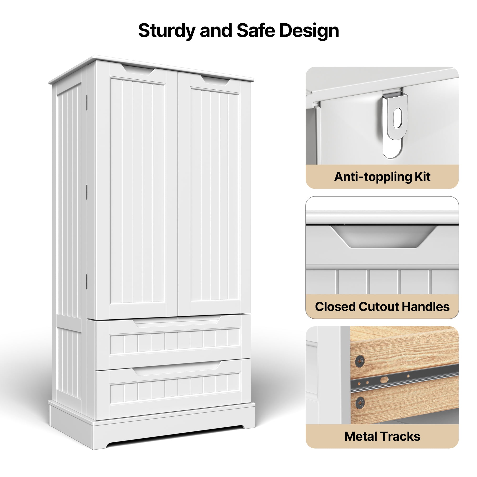 47" H Kitchen Pantry Cabinet with 2 Doors, 2 Drawers and 8 Shelves, Solid Wood Storage Cabinet in White