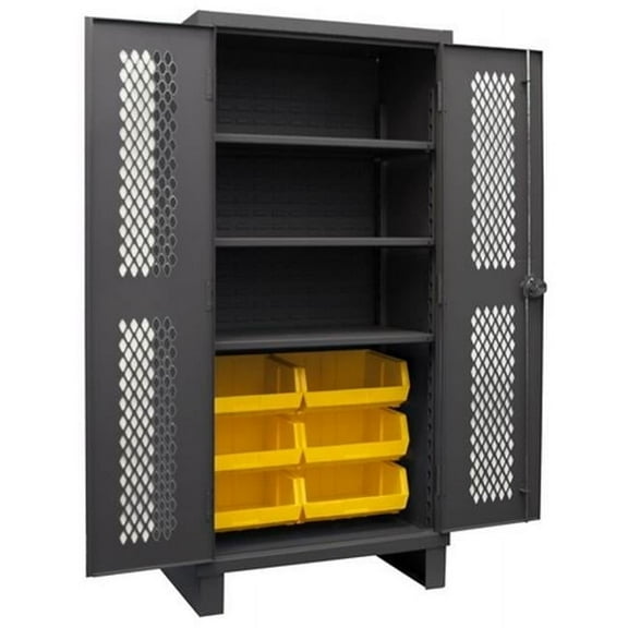 Durham HDCV36-6B-3S95 12 Gauge Recessed Door Style Lockable Ventilated Cabinet with 6 Yellow Hook on Bins & 3 Adjustable Shelves, Gray - 36 in.